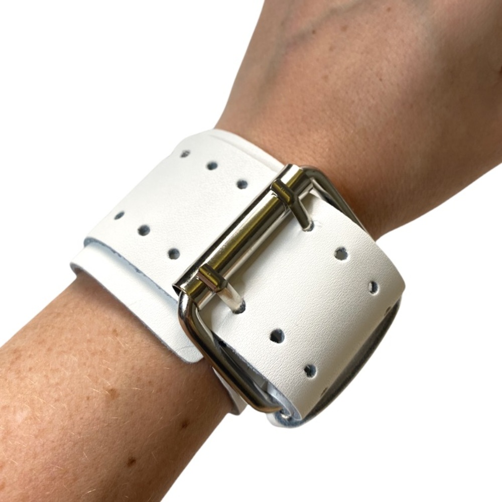 White Leather Bracelet Unisex Buckle Biker Thick Cuff Grunge Punk Moto Jewelry